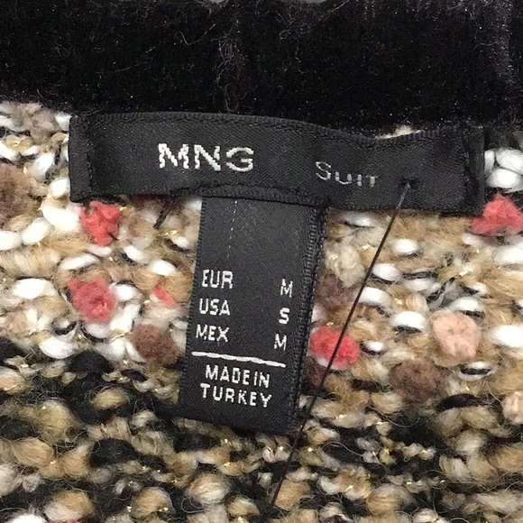 🆕 MNG Tweed Velvet Trim Blazer Open Front Two Pockets 3/4 Sleeves P2P 18” - Picture 11 of 12